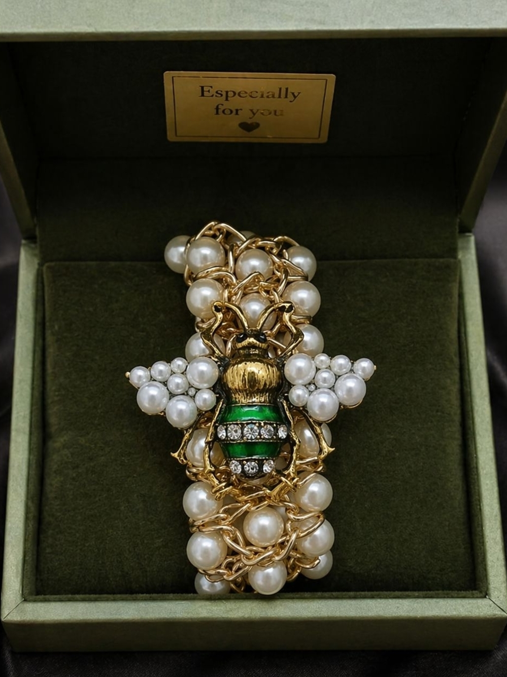Gold Pearl Bracelet with Green Bee Charm - Picture 2 of 4